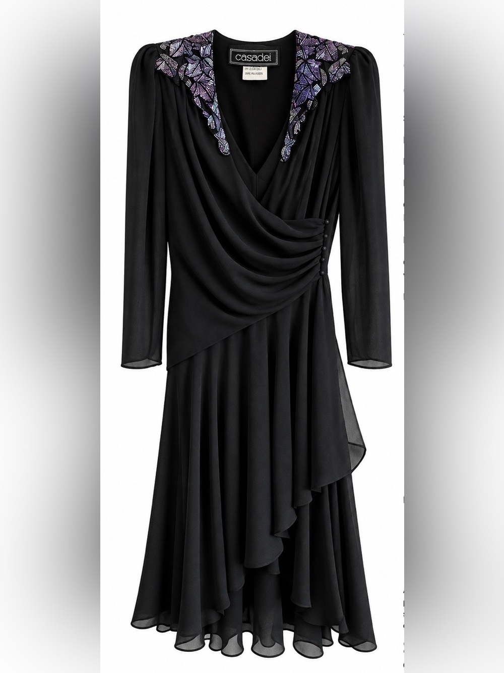 Vintage 1980’s Casadei Black Chiffon Beaded Cocktail Dress, Excellent Condition